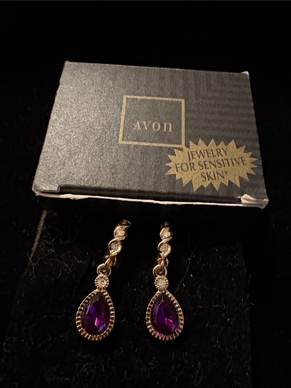 Avon Gold-Tone Earrings with Purple Teardrop Stones
